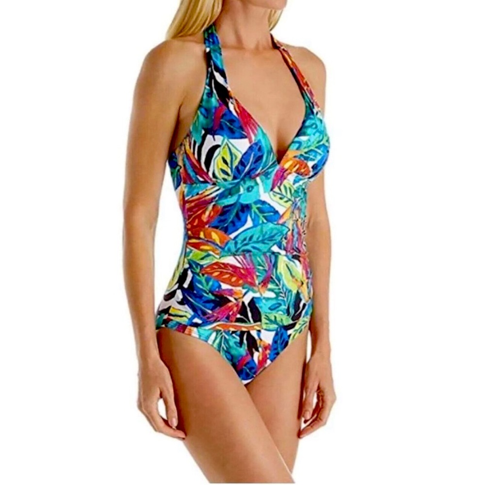 Ralph Lauren botanical rainforest one piece halter swimsuit, size 10